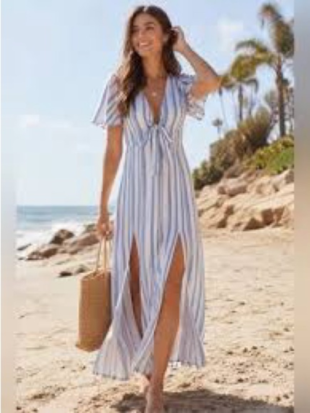 Lost + Wander Blue and White Striped Tie-Front Maxi Dress